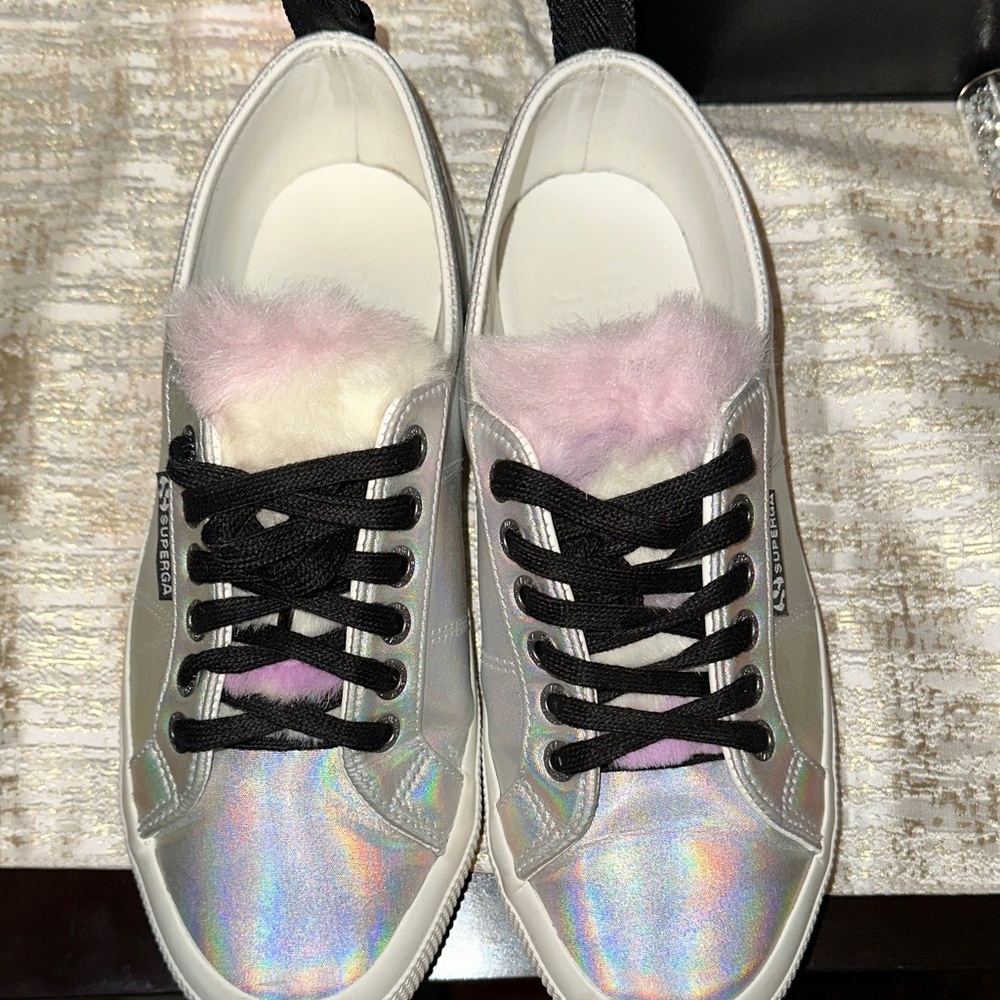 Superga Silver Holographic Sneakers with Pink Fur